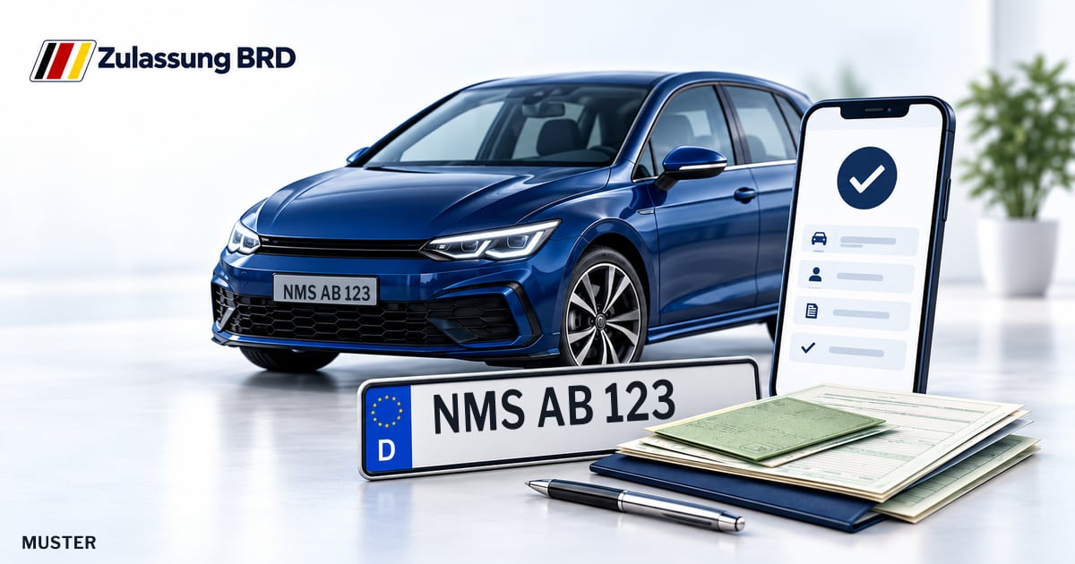 Online Fahrzeugzulassung in Neumünster: Musterkennzeichen NMS AB 123, Auto und Fahrzeugpapiere und Smartphone. Illustration mit Logo von Zulassung BRD.